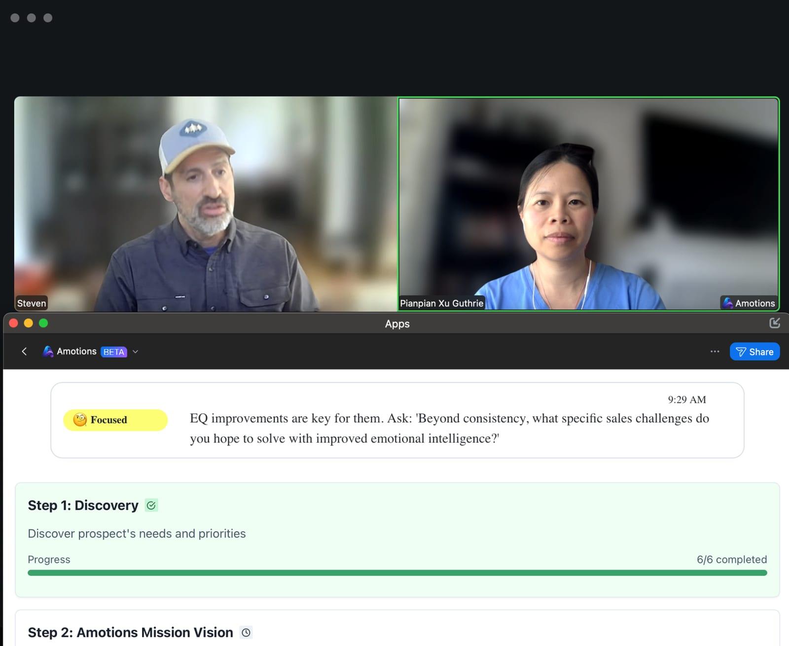 Amotions on a live Zoom call showing a focused emotion read, a suggested question, and discovery-step progress