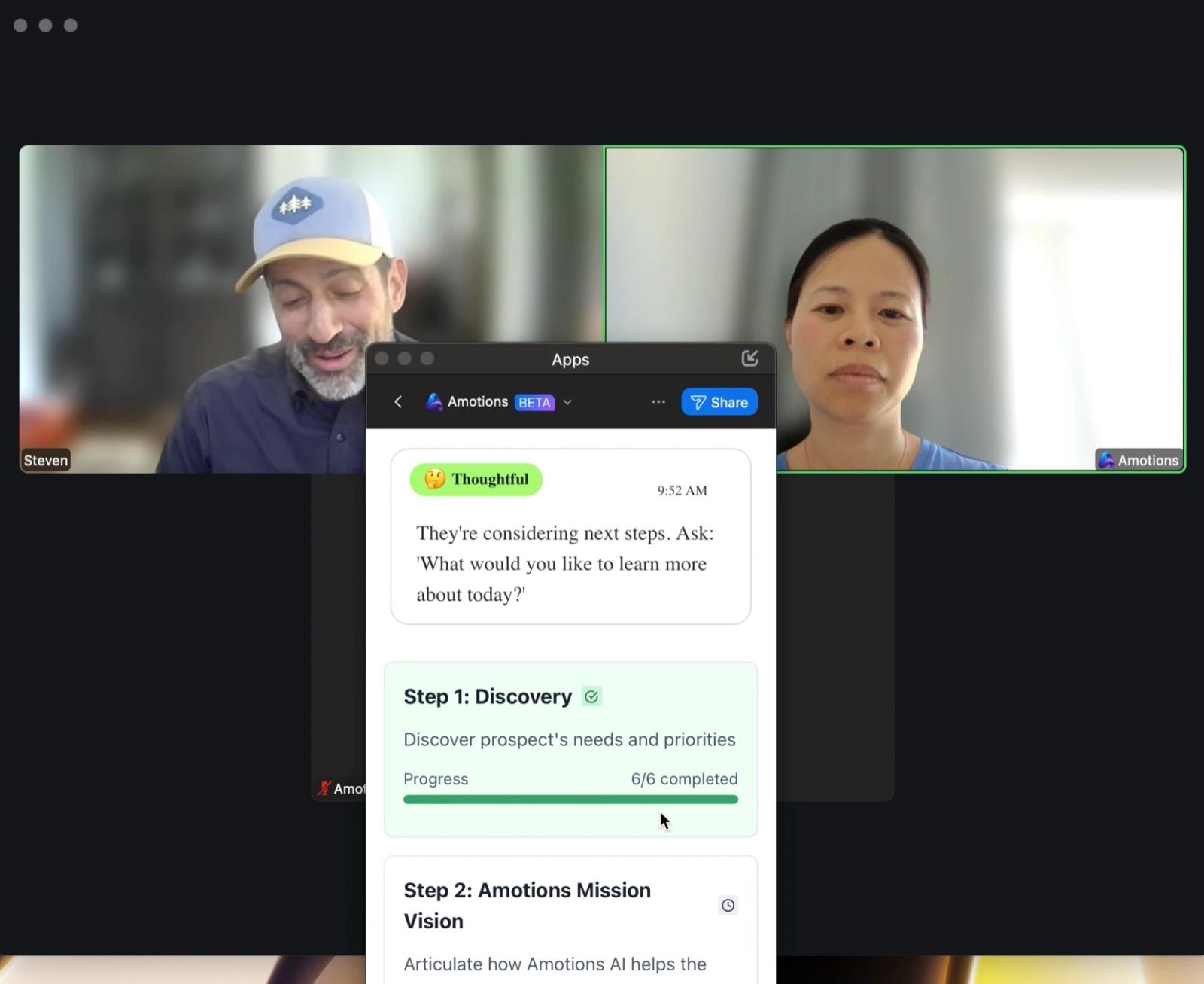 Amotions tracking the steps of a custom sales playbook during a live Zoom call