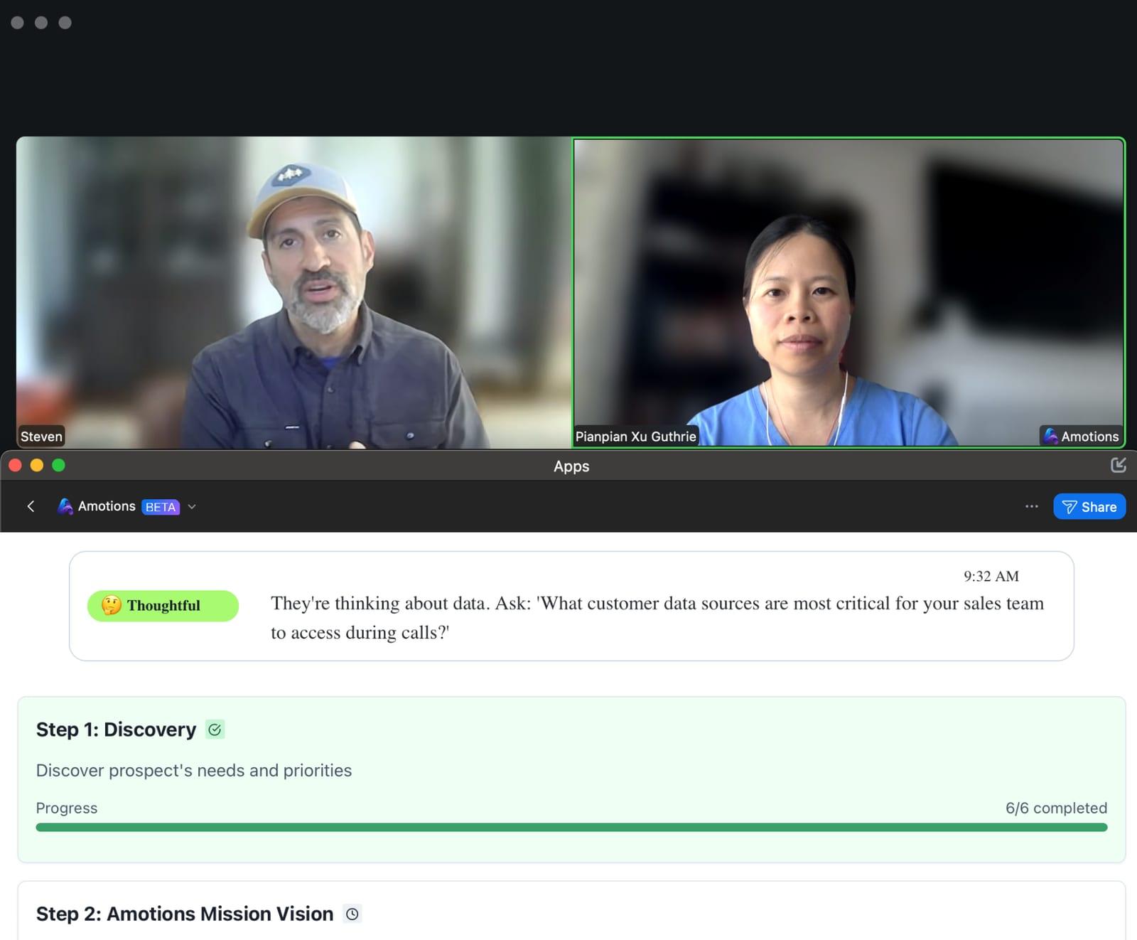 Amotions reading a buyer as thoughtful on a live Zoom call and suggesting a question about their data sources