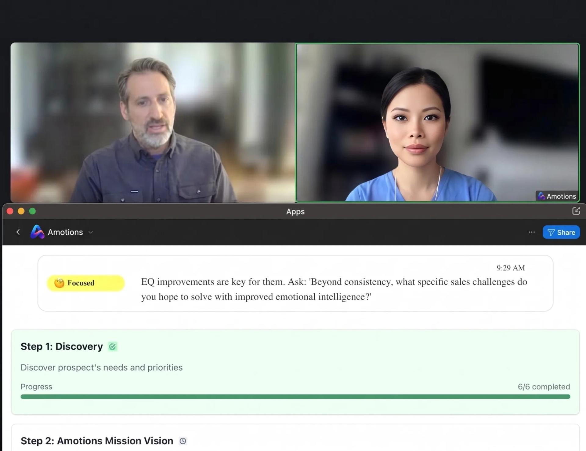 Amotions in a live Zoom sales call: a "Focused" read on the buyer with a suggested discovery question, and the call plan showing Discovery 6/6 complete