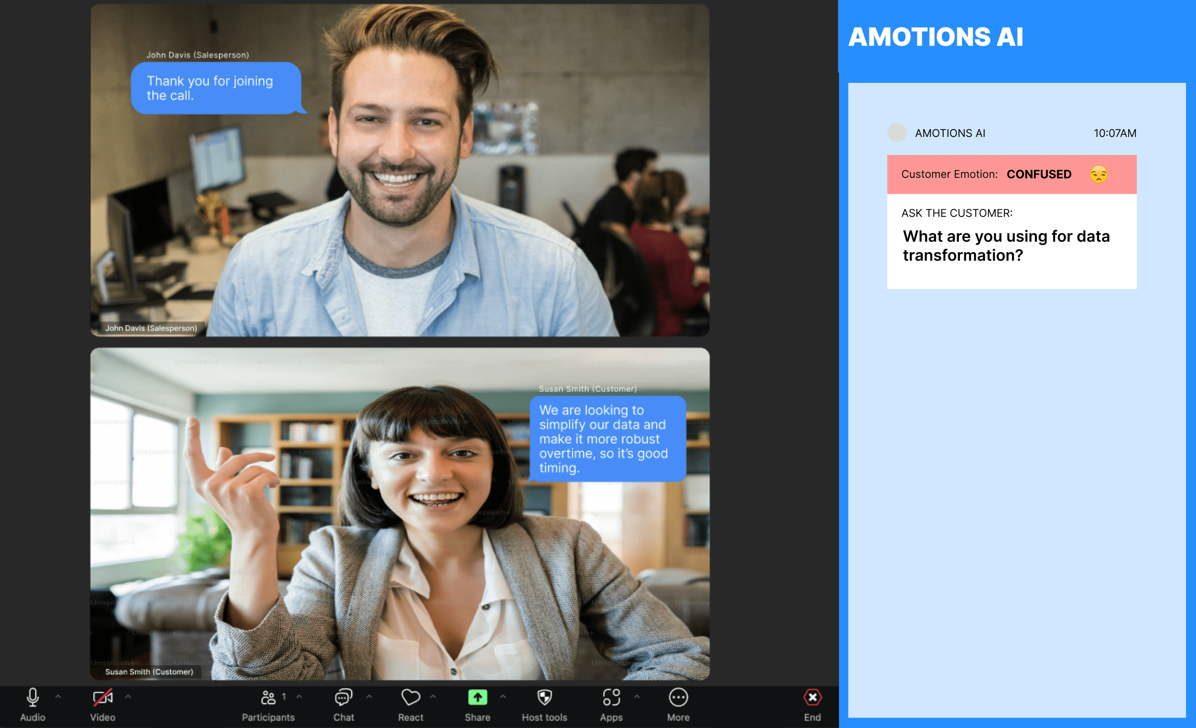 Amotions live AI coaching prompts shown beside a sales call for dialer teams