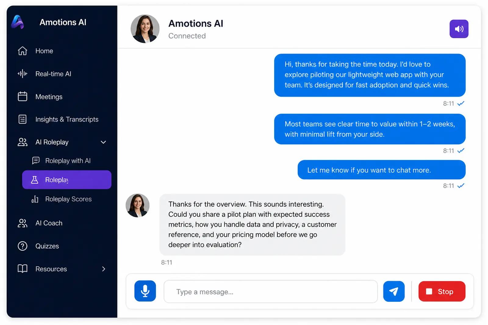 Amotions AI roleplay practice with a simulated buyer and live coaching cues