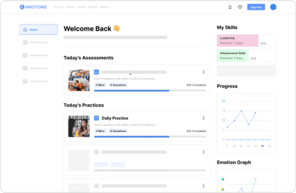 Amotions AI home dashboard with today's assessments and practices, skill progress, and an emotion graph