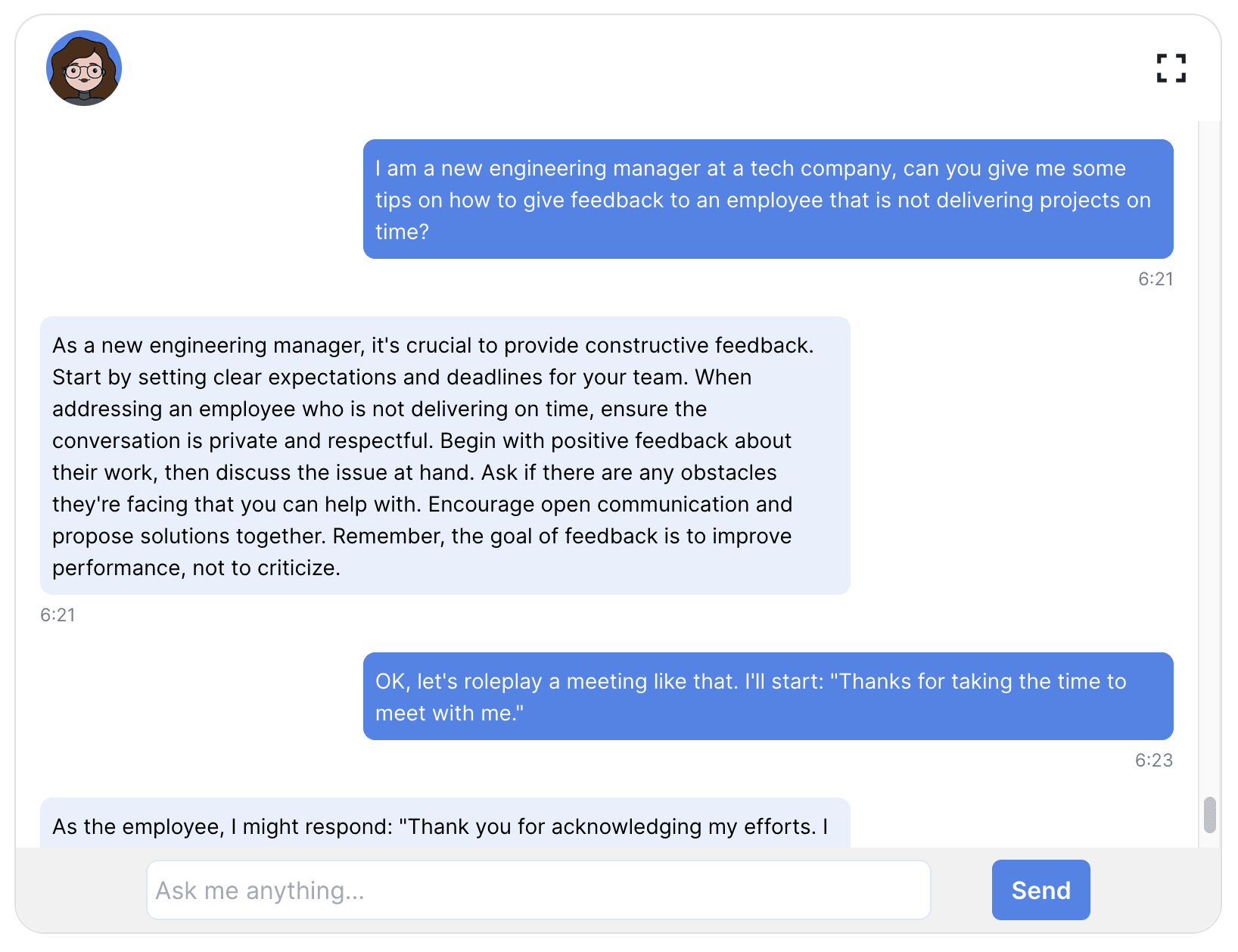 Amotions AI coach chat giving a new manager feedback tips, then starting a roleplay of that conversation