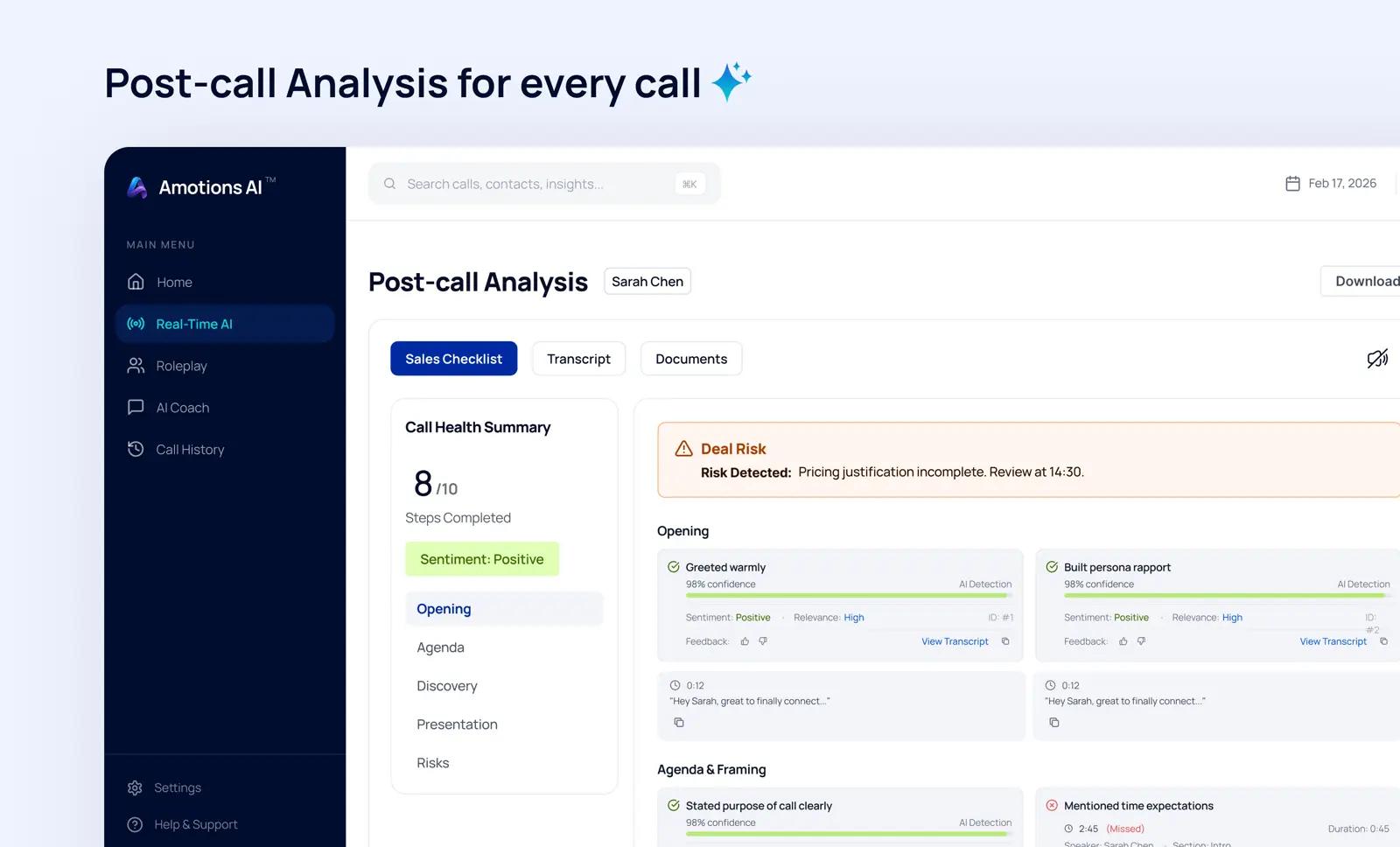 Post-call Amotions scorecard with coaching feedback after a sales conversation