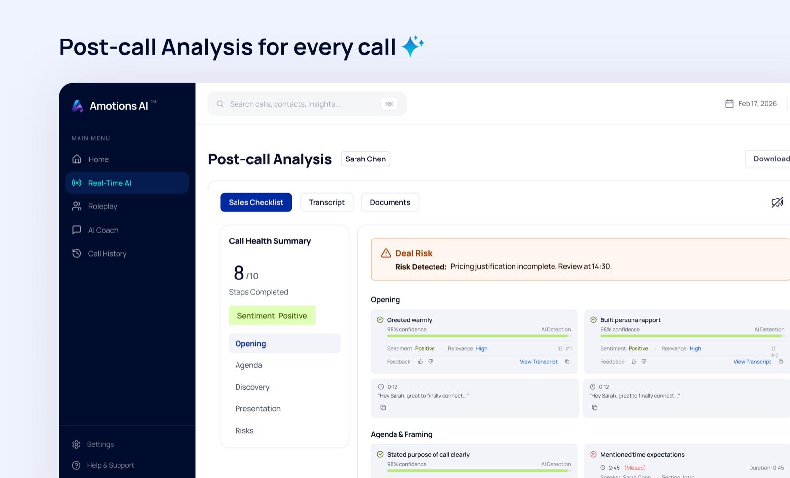 Amotions post-call analysis with a call health summary, sentiment, deal risk, and step-by-step scoring