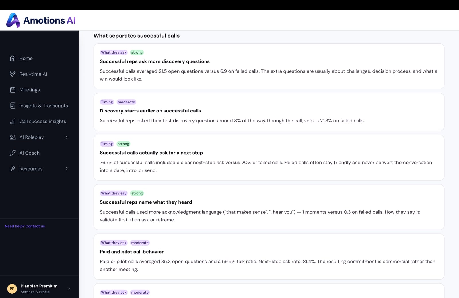 Amotions AI Call success insights: successful reps asked more open questions, started discovery earlier, asked for a next step, and named what they heard.