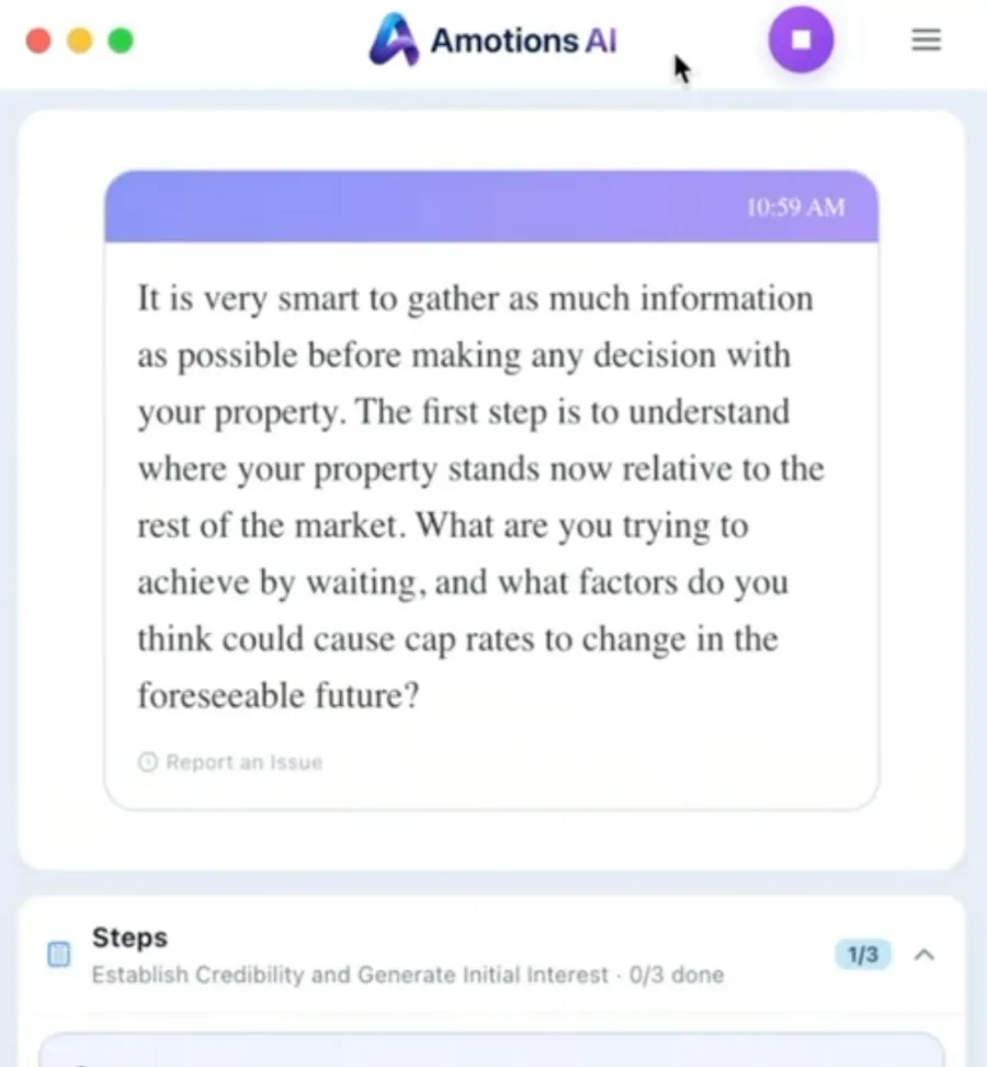 Real Amotions AI screenshot of the macOS desktop app during a commercial-property call: a timestamped real-time suggestion and the Steps tracker (1/3).