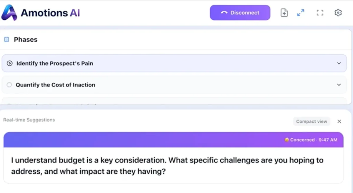 Real Amotions AI product screenshot from a different call type (not Medicare): the Phases tracker and a “Concerned · 9:47 AM” real-time suggestion card.