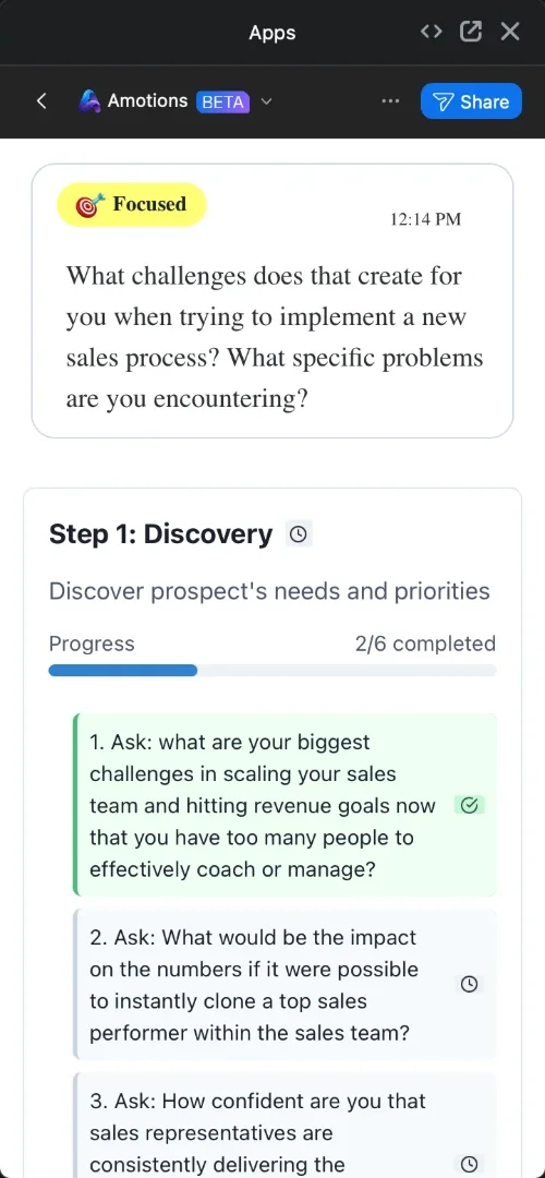 Real Amotions AI screenshot in the Zoom app: a discovery cue flagged “Focused”, with the playbook’s Step 1 questions ticked off as they are covered (cropped to the Amotions panel)